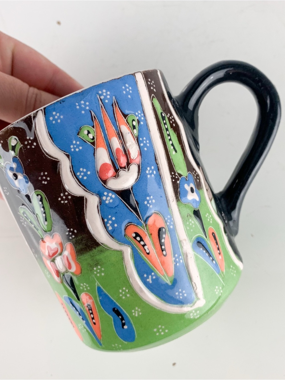 Vintage Ceramic Turkey Tableworks Blue Floral Vibrant Colors Coffee mug Signed